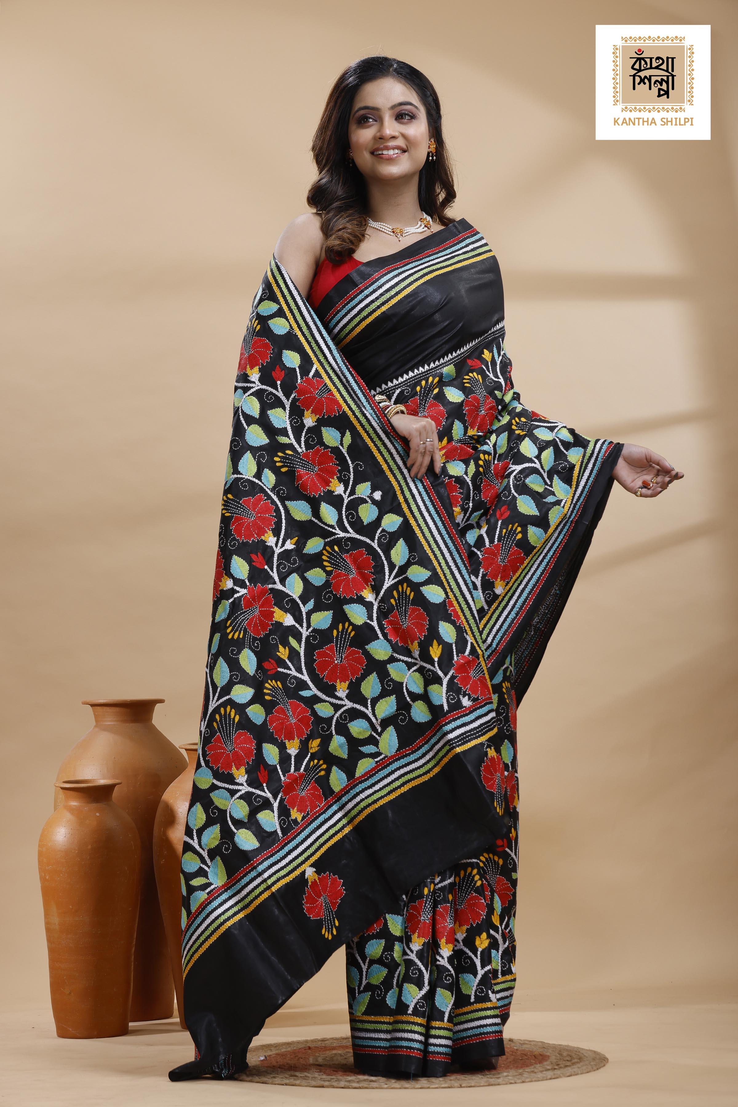 Black Pure Bangalore Silk Multicolor Thread Work Joba Flower Motif Kantha Stitch Saree