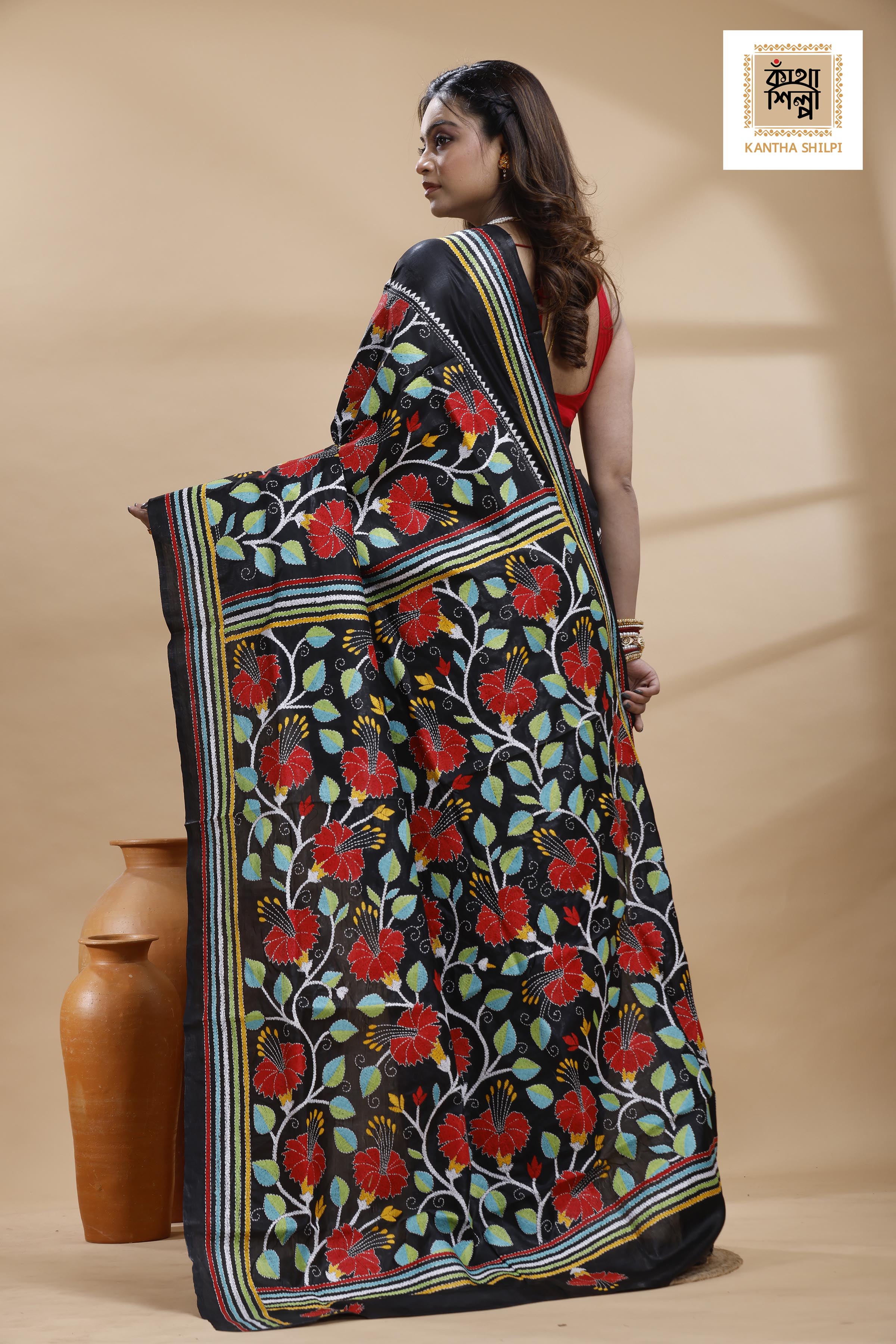 Black Pure Bangalore Silk Multicolor Thread Work Joba Flower Motif Kantha Stitch Saree