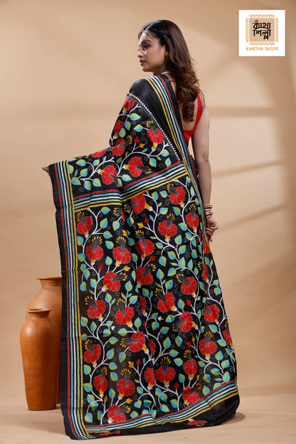 Black Pure Bangalore Silk Multicolor Thread Work Joba Flower Motif Kantha Stitch Saree