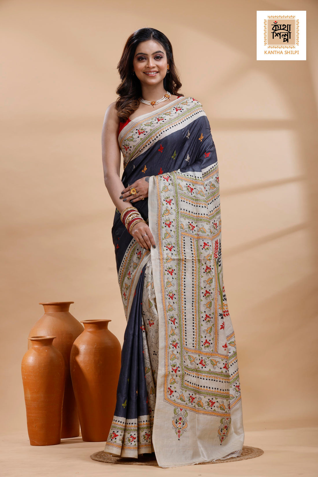 Pure Gachi Dye Tussar Multicolor Thread Work Kantha Stitch Saree