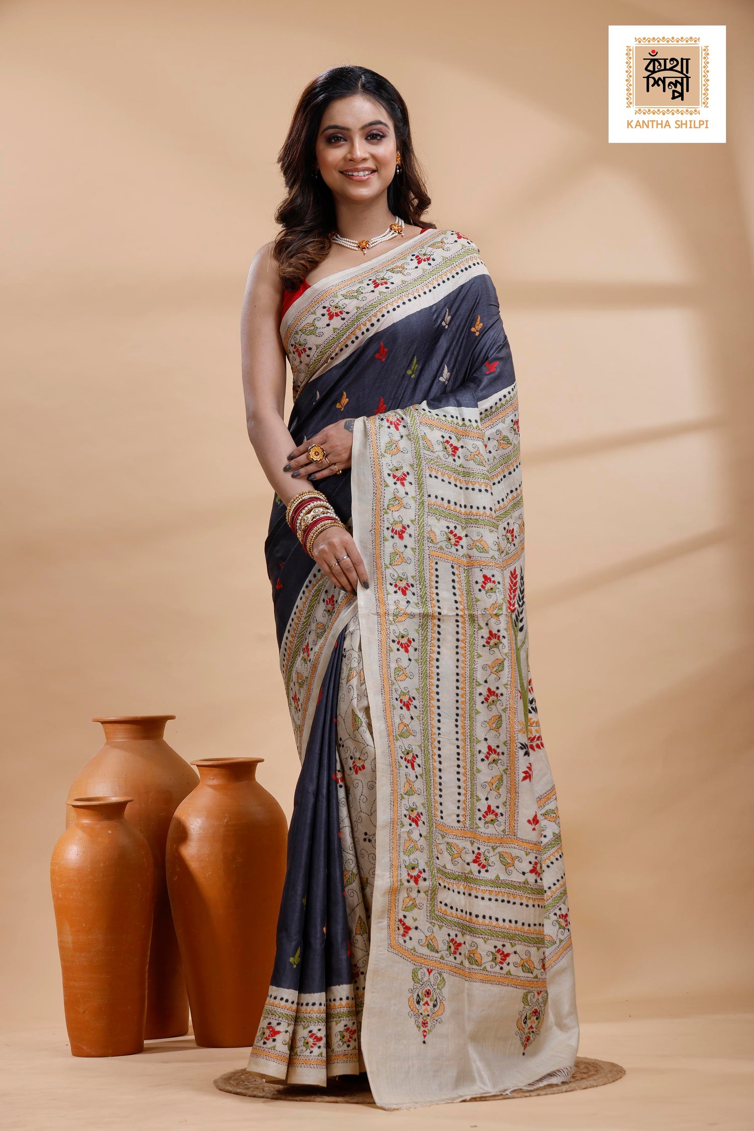 Pure Gachi Dye Tussar Multicolor Thread Work Kantha Stitch Saree