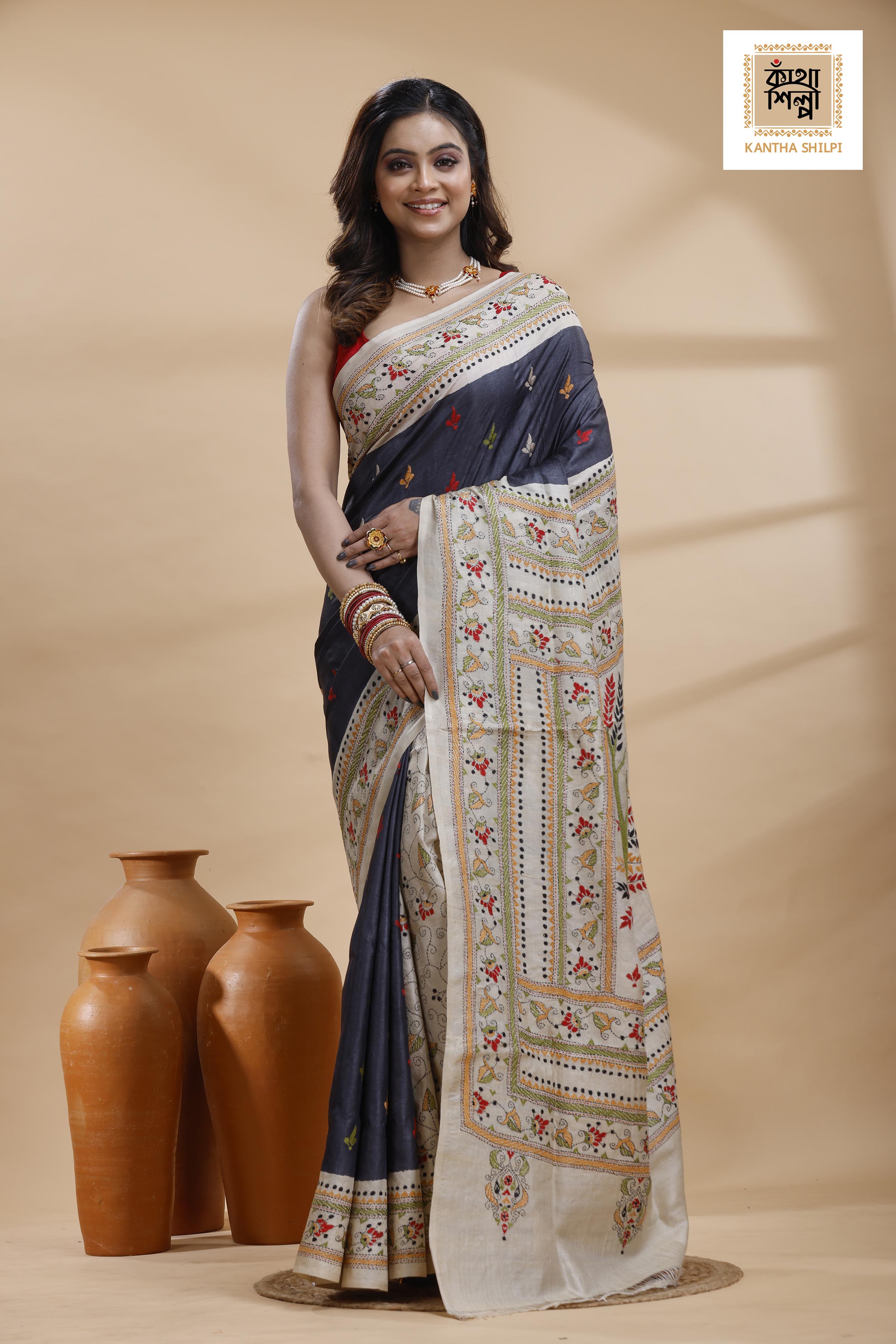 Pure Gachi Dye Tussar Multicolor Thread Work Kantha Stitch Saree