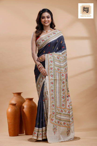 Pure Gachi Dye Tussar Multicolor Thread Work Kantha Stitch Saree
