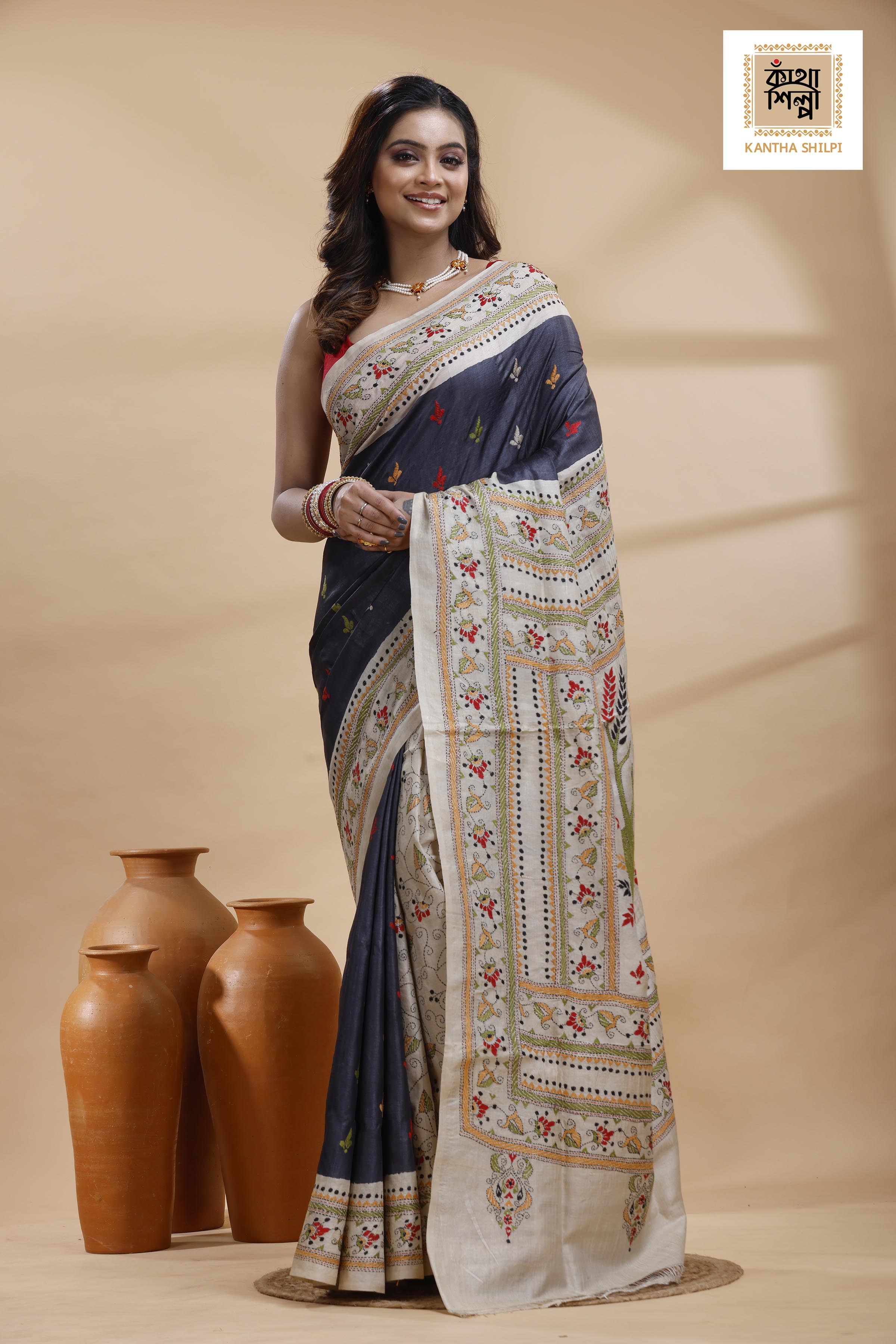 Pure Gachi Dye Tussar Multicolor Thread Work Kantha Stitch Saree