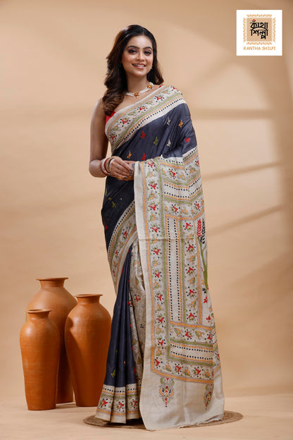 Pure Gachi Dye Tussar Multicolor Thread Work Kantha Stitch Saree