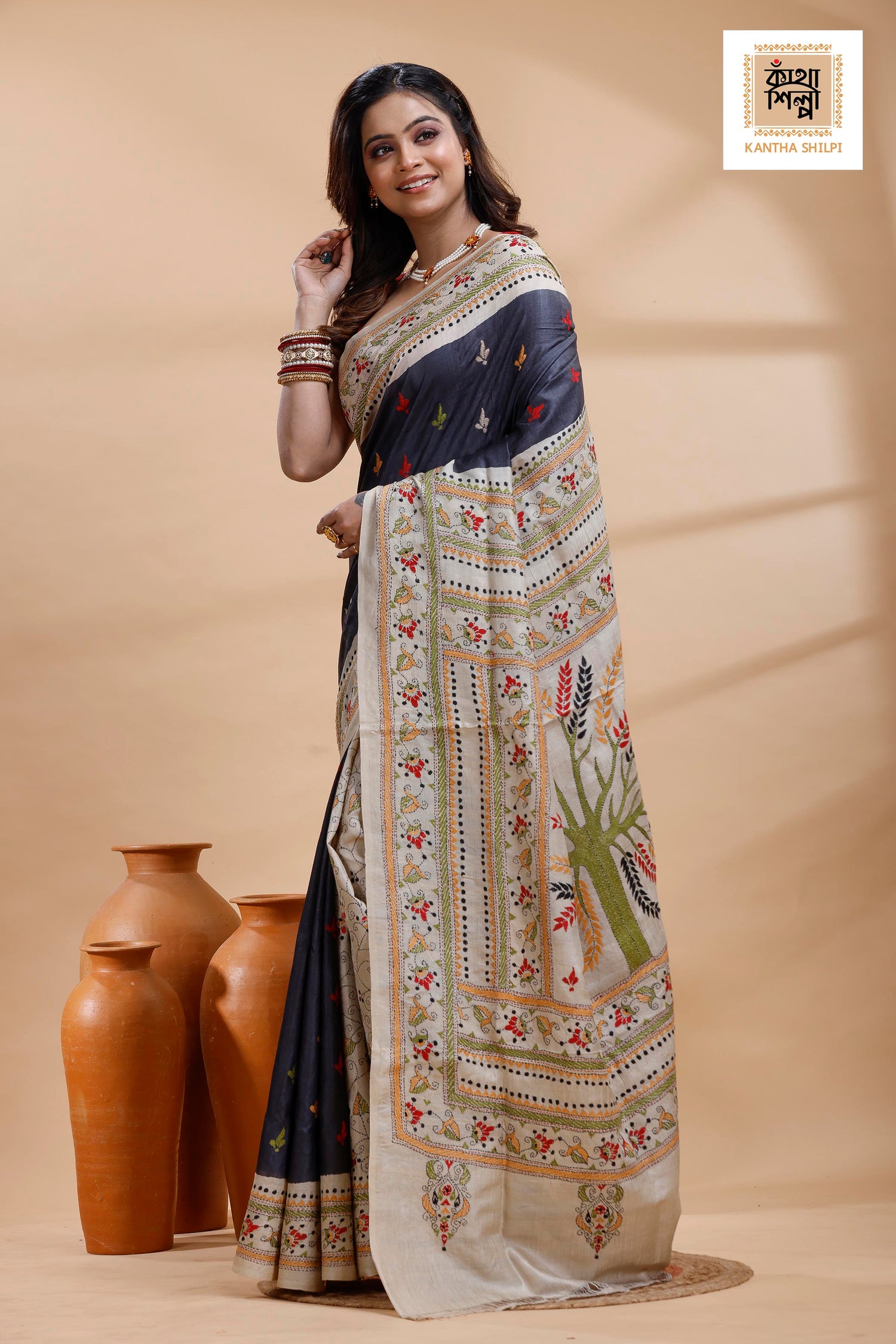 Pure Gachi Dye Tussar Multicolor Thread Work Kantha Stitch Saree