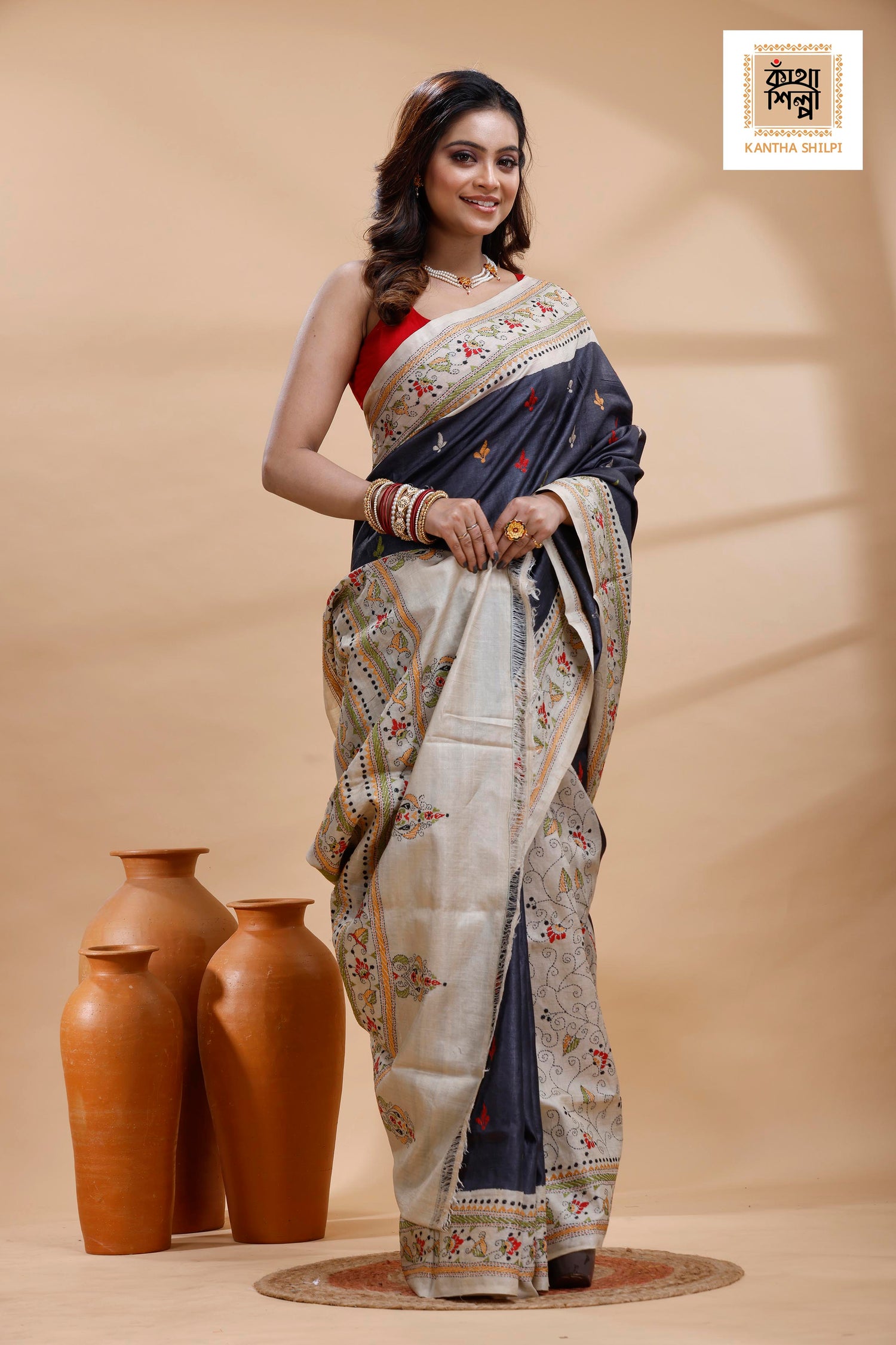 Pure Gachi Dye Tussar Multicolor Thread Work Kantha Stitch Saree