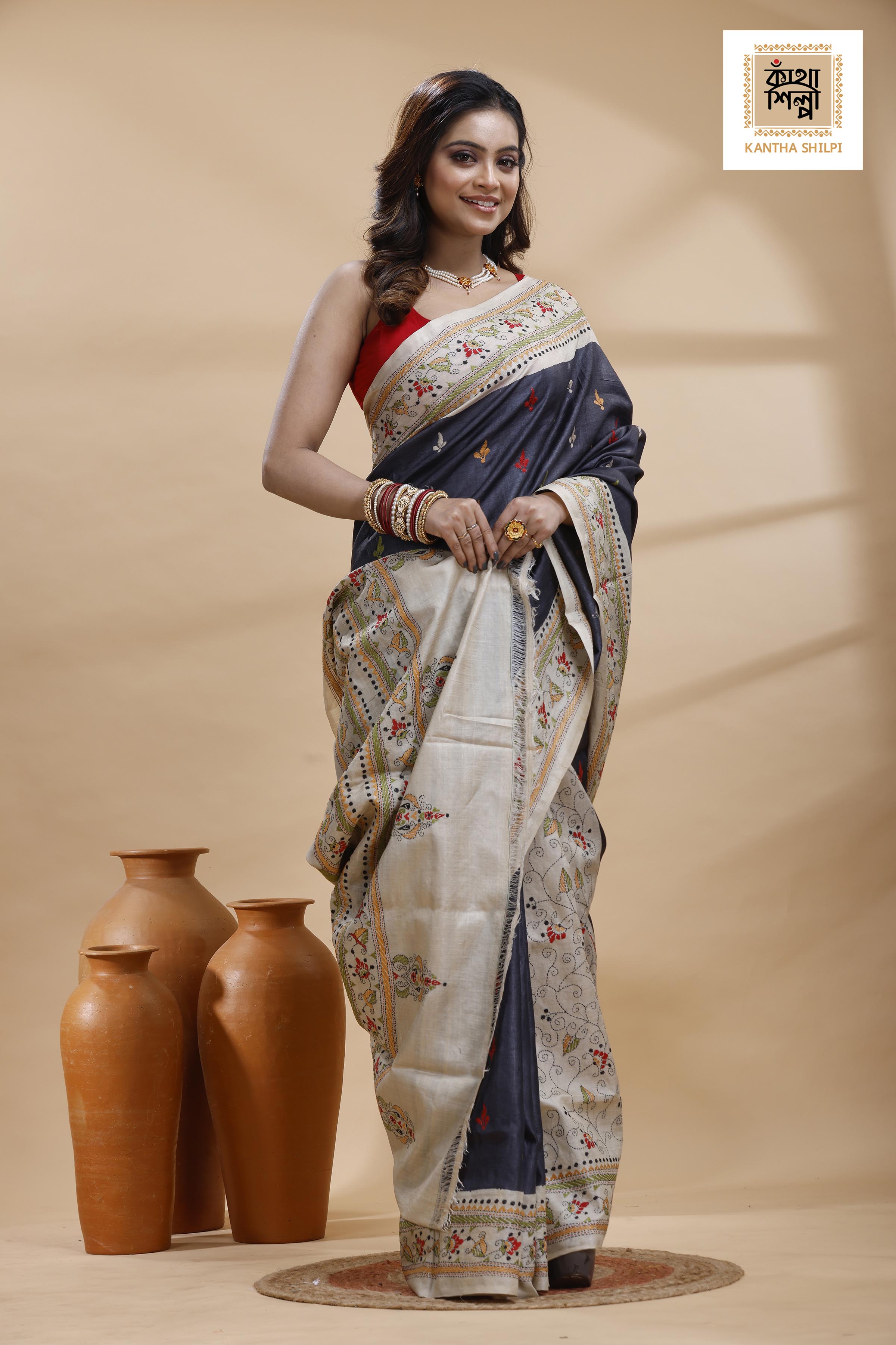Pure Gachi Dye Tussar Multicolor Thread Work Kantha Stitch Saree