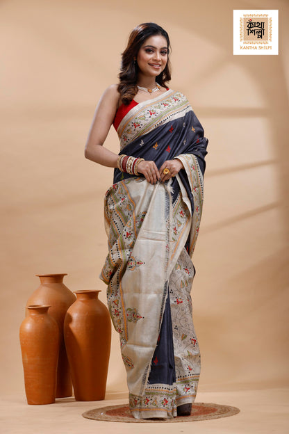 Pure Gachi Dye Tussar Multicolor Thread Work Kantha Stitch Saree