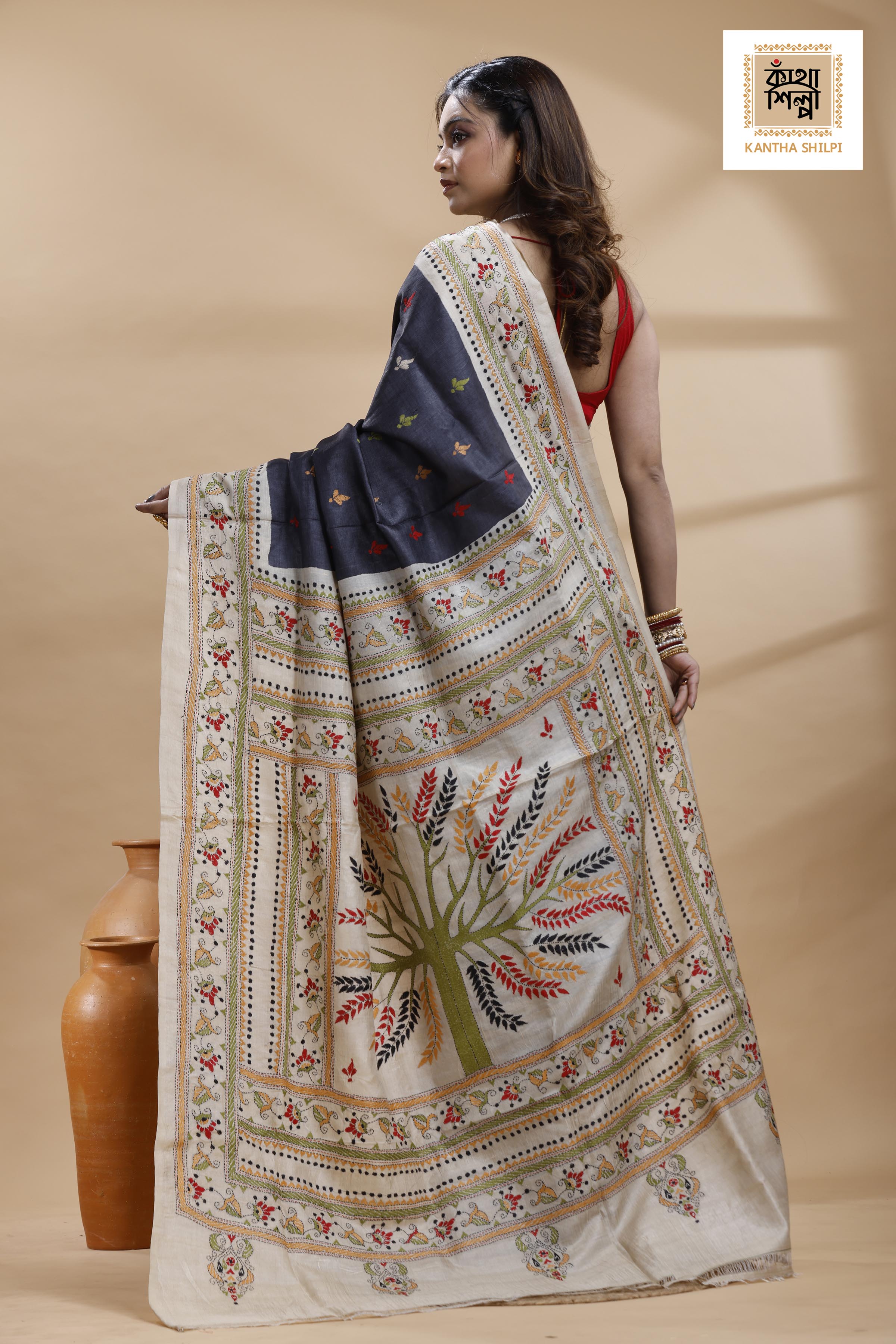 Pure Gachi Dye Tussar Multicolor Thread Work Kantha Stitch Saree