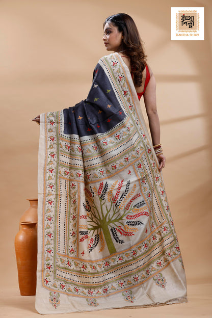 Pure Gachi Dye Tussar Multicolor Thread Work Kantha Stitch Saree
