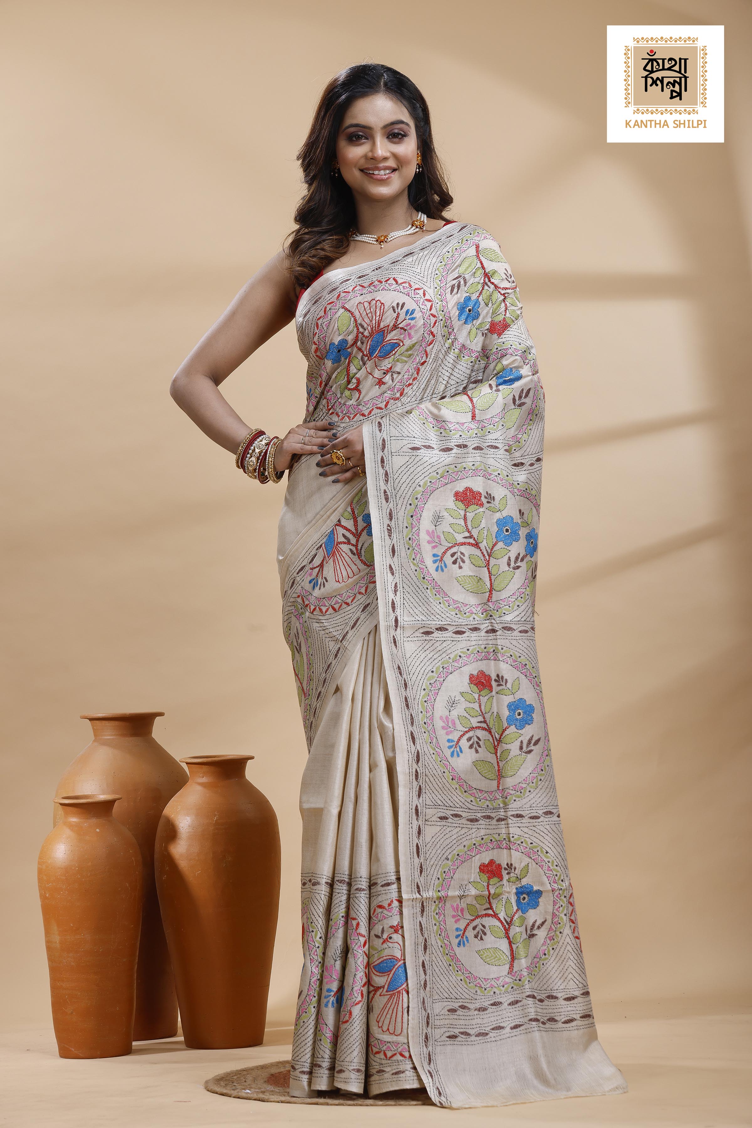Pure Gachi Tussar Multicolor Thread Work Kantha Stitch Saree