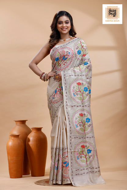 Pure Gachi Tussar Multicolor Thread Work Kantha Stitch Saree