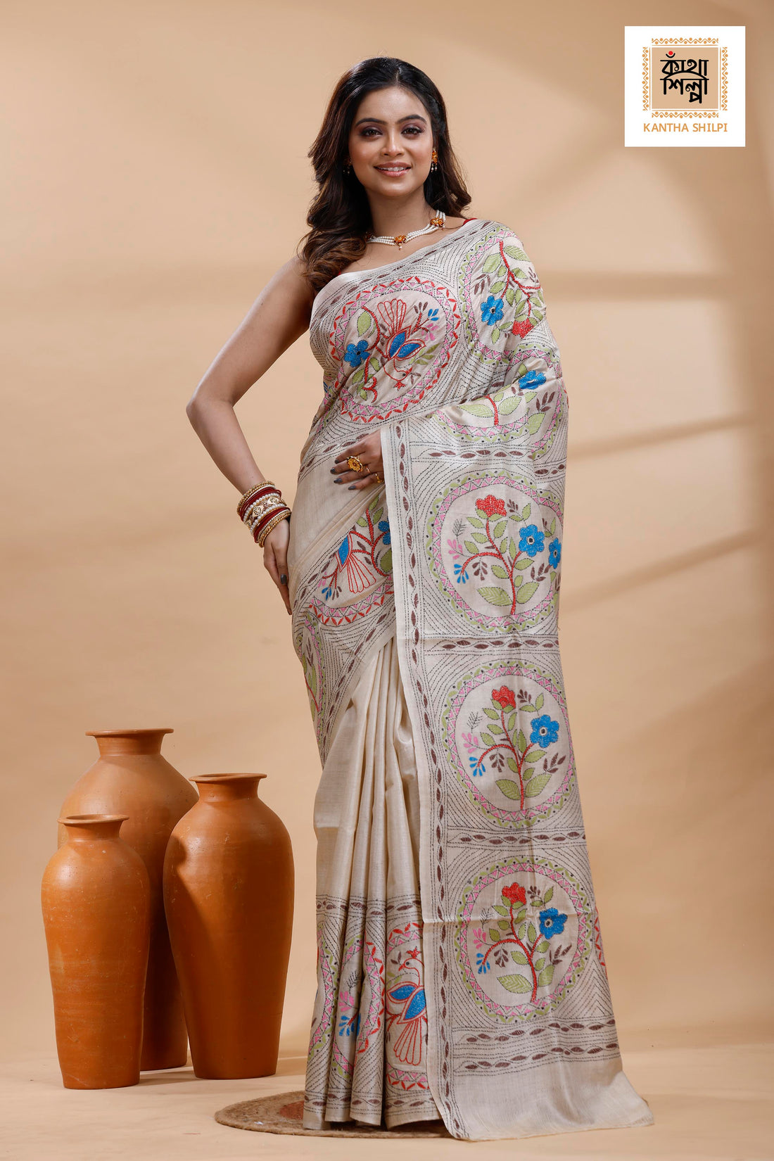 Pure Gachi Tussar Multicolor Thread Work Kantha Stitch Saree