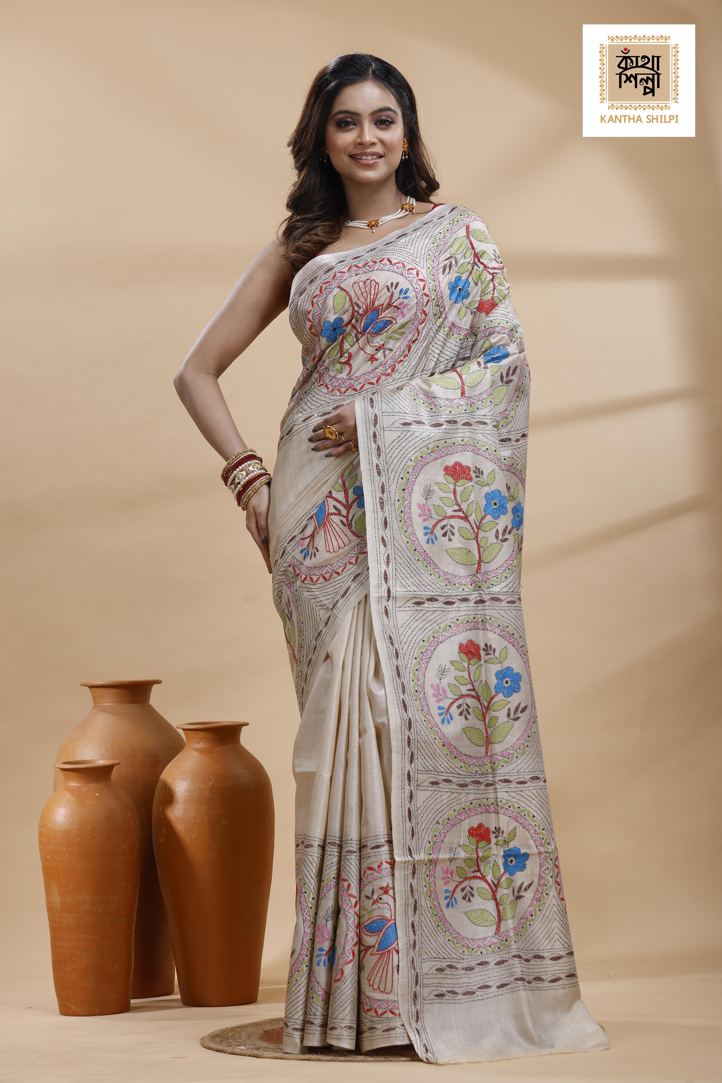 Pure Gachi Tussar Multicolor Thread Work Kantha Stitch Saree
