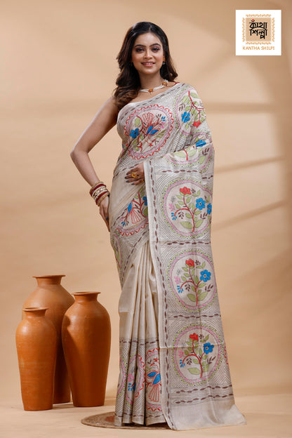 Pure Gachi Tussar Multicolor Thread Work Kantha Stitch Saree