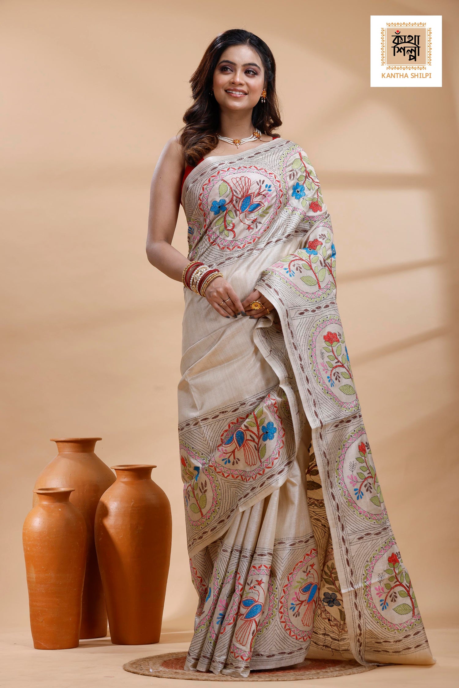 Pure Gachi Tussar Multicolor Thread Work Kantha Stitch Saree