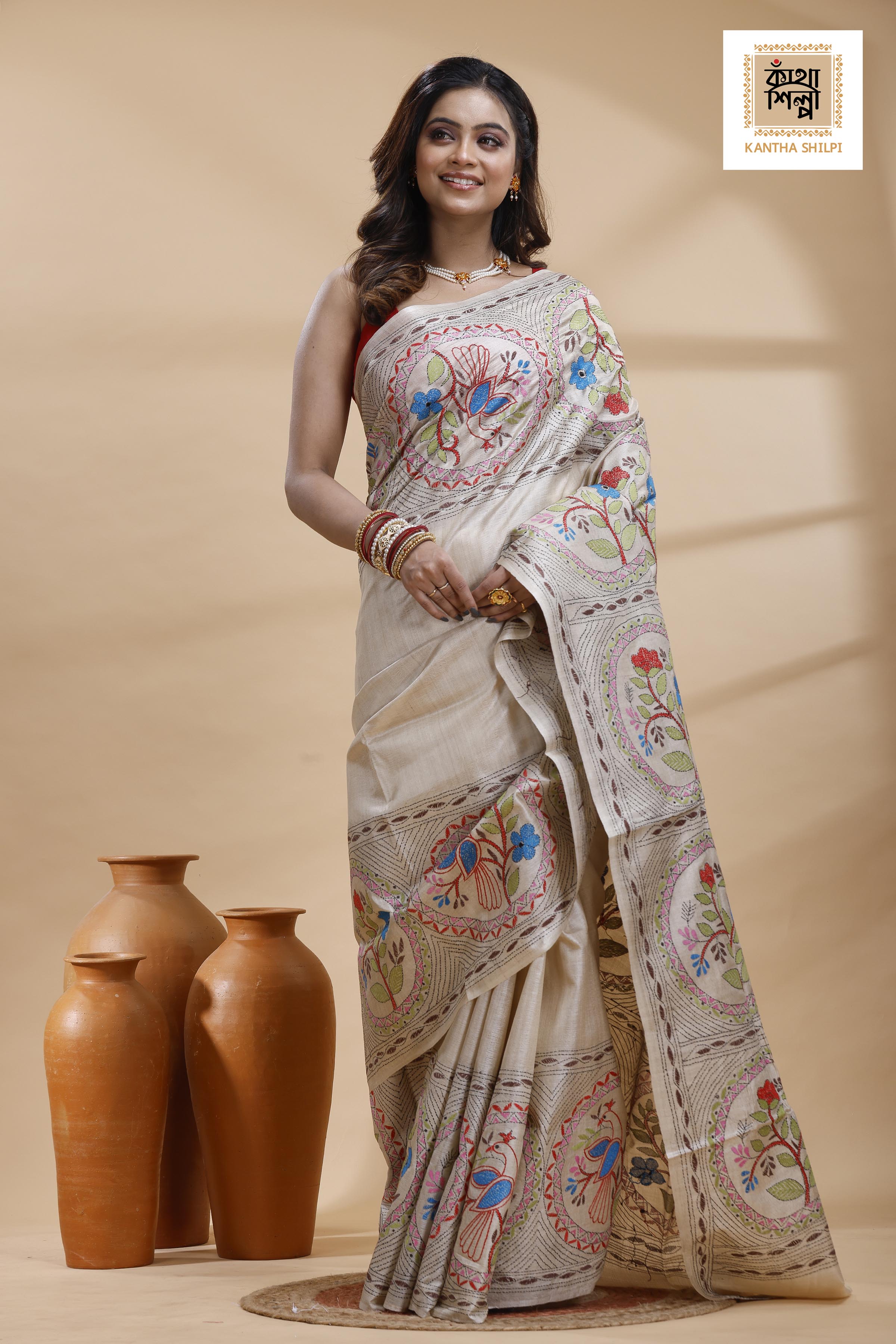 Pure Gachi Tussar Multicolor Thread Work Kantha Stitch Saree