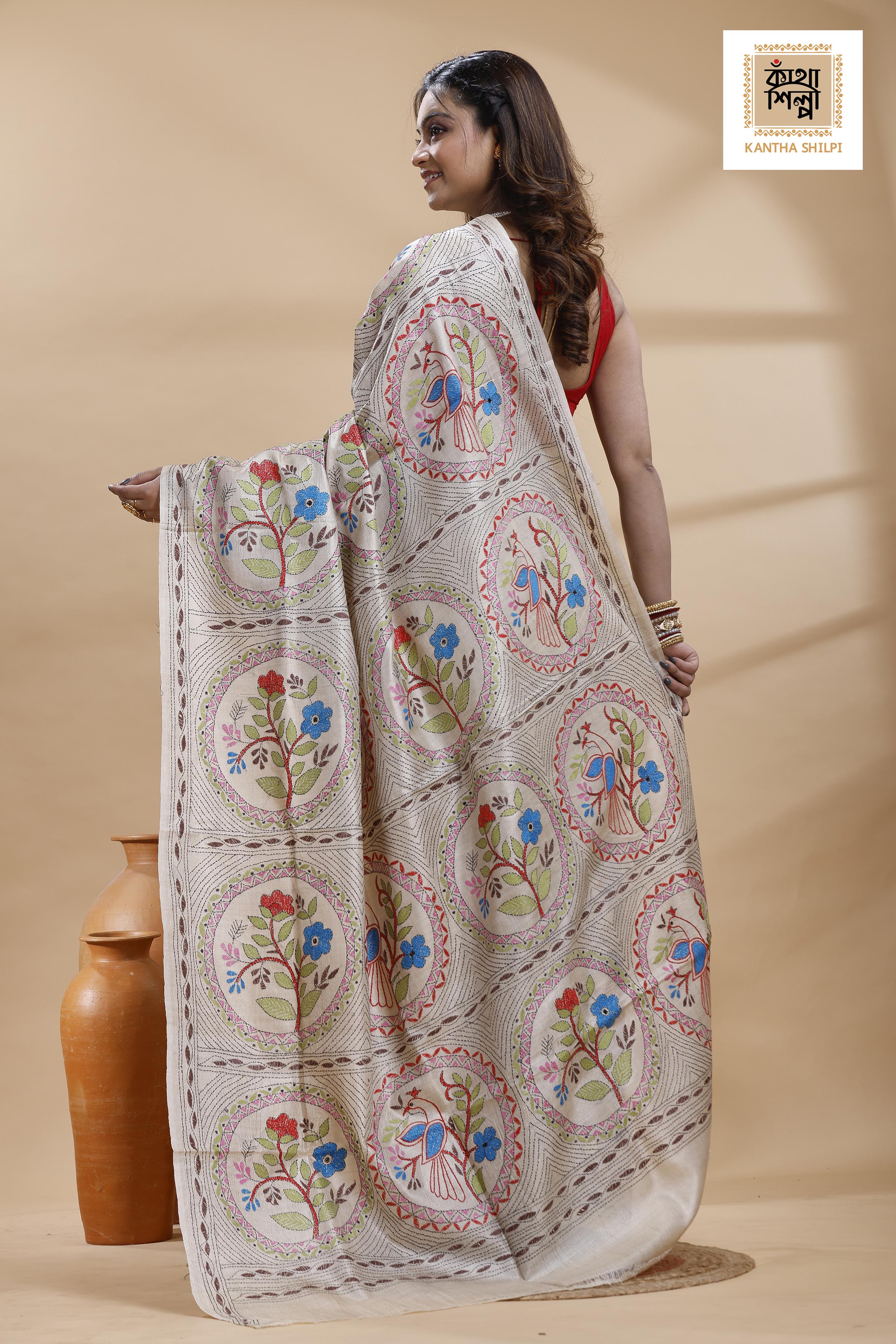 Pure Gachi Tussar Multicolor Thread Work Kantha Stitch Saree