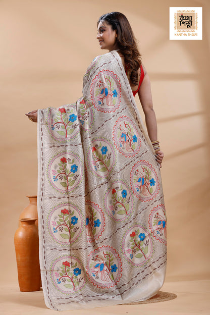 Pure Gachi Tussar Multicolor Thread Work Kantha Stitch Saree