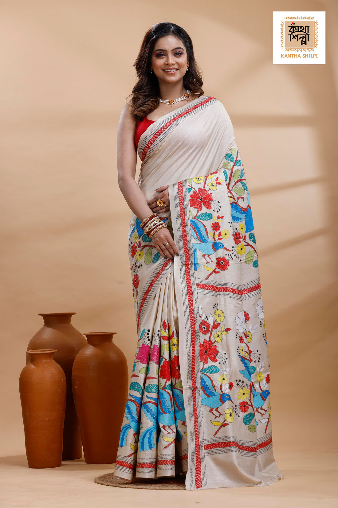 Pure Gachi Tussar Multicolor Thread Work Kantha Stitch Saree