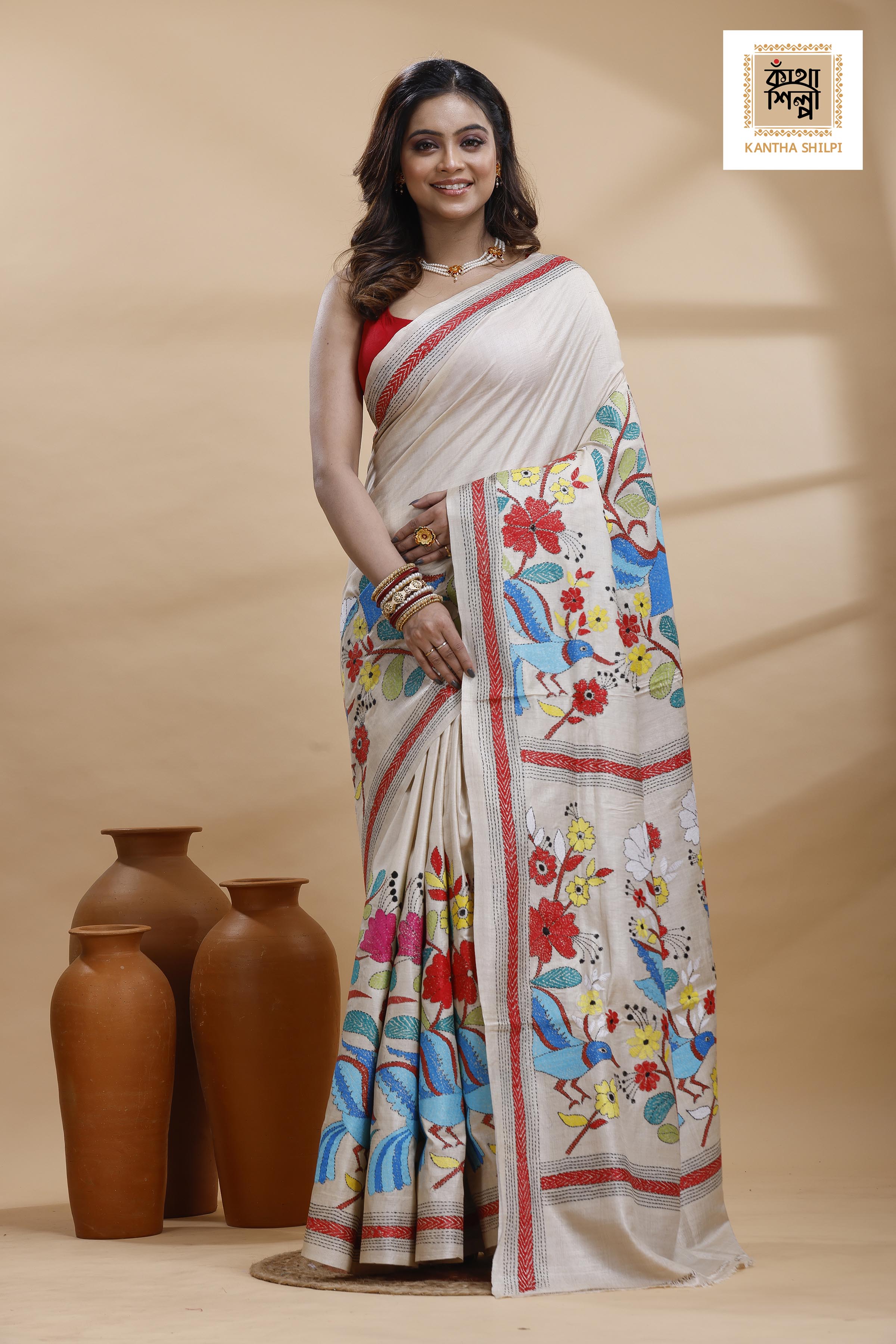 Pure Gachi Tussar Multicolor Thread Work Kantha Stitch Saree