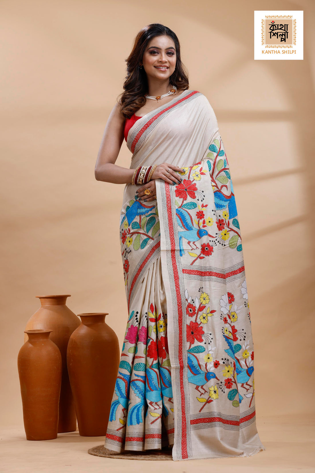 Pure Gachi Tussar Multicolor Thread Work Kantha Stitch Saree