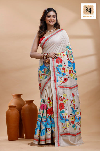 Pure Gachi Tussar Multicolor Thread Work Kantha Stitch Saree