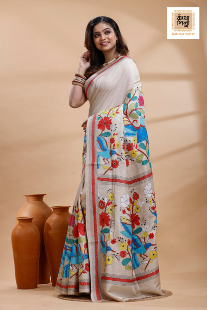 Pure Gachi Tussar Multicolor Thread Work Kantha Stitch Saree