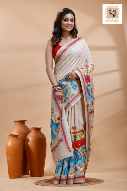 Pure Gachi Tussar Multicolor Thread Work Kantha Stitch Saree