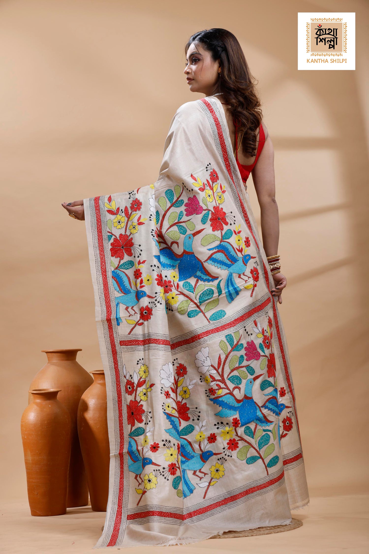 Pure Gachi Tussar Multicolor Thread Work Kantha Stitch Saree