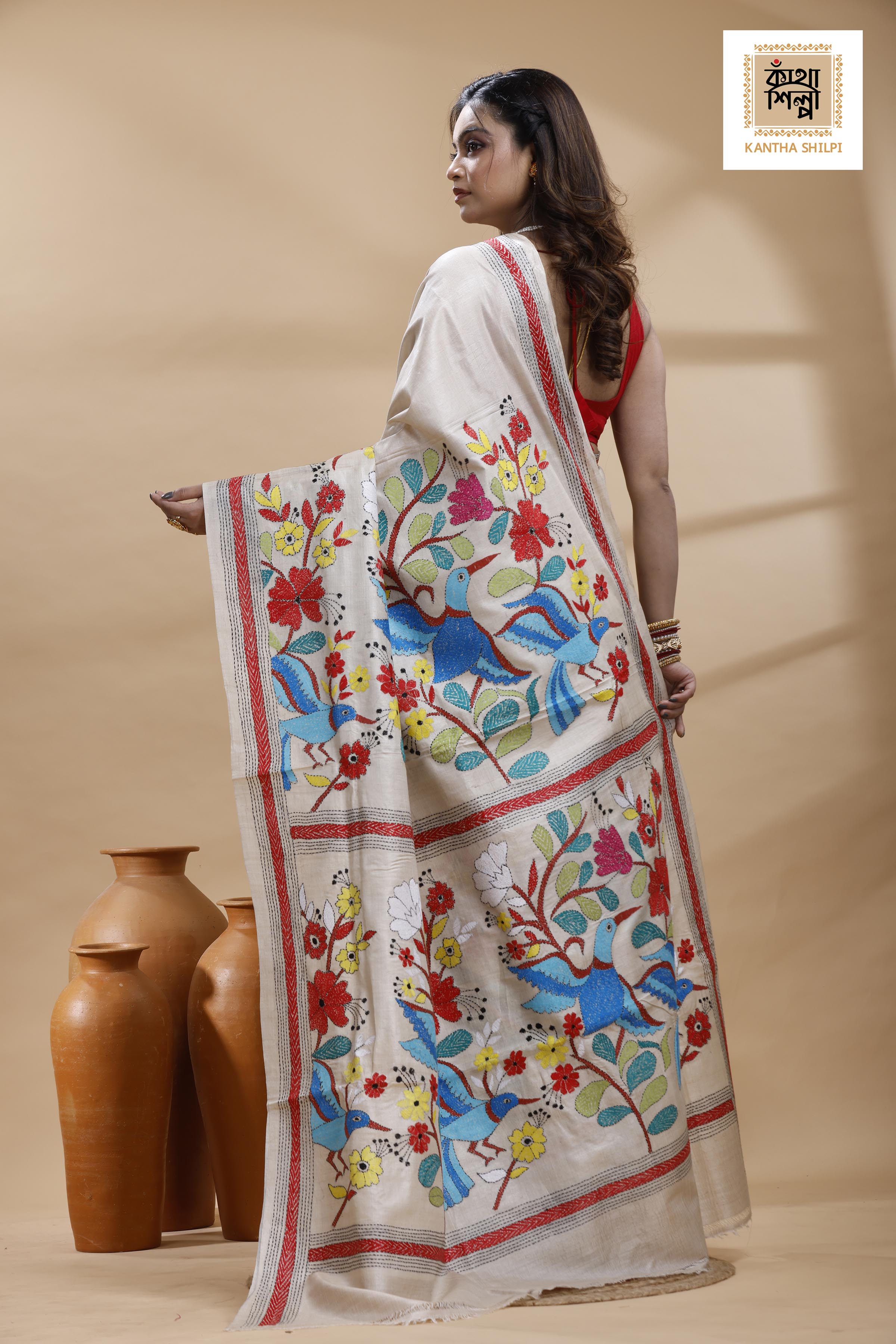 Pure Gachi Tussar Multicolor Thread Work Kantha Stitch Saree