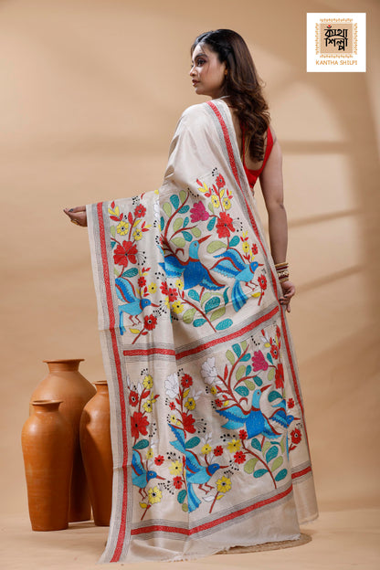 Pure Gachi Tussar Multicolor Thread Work Kantha Stitch Saree