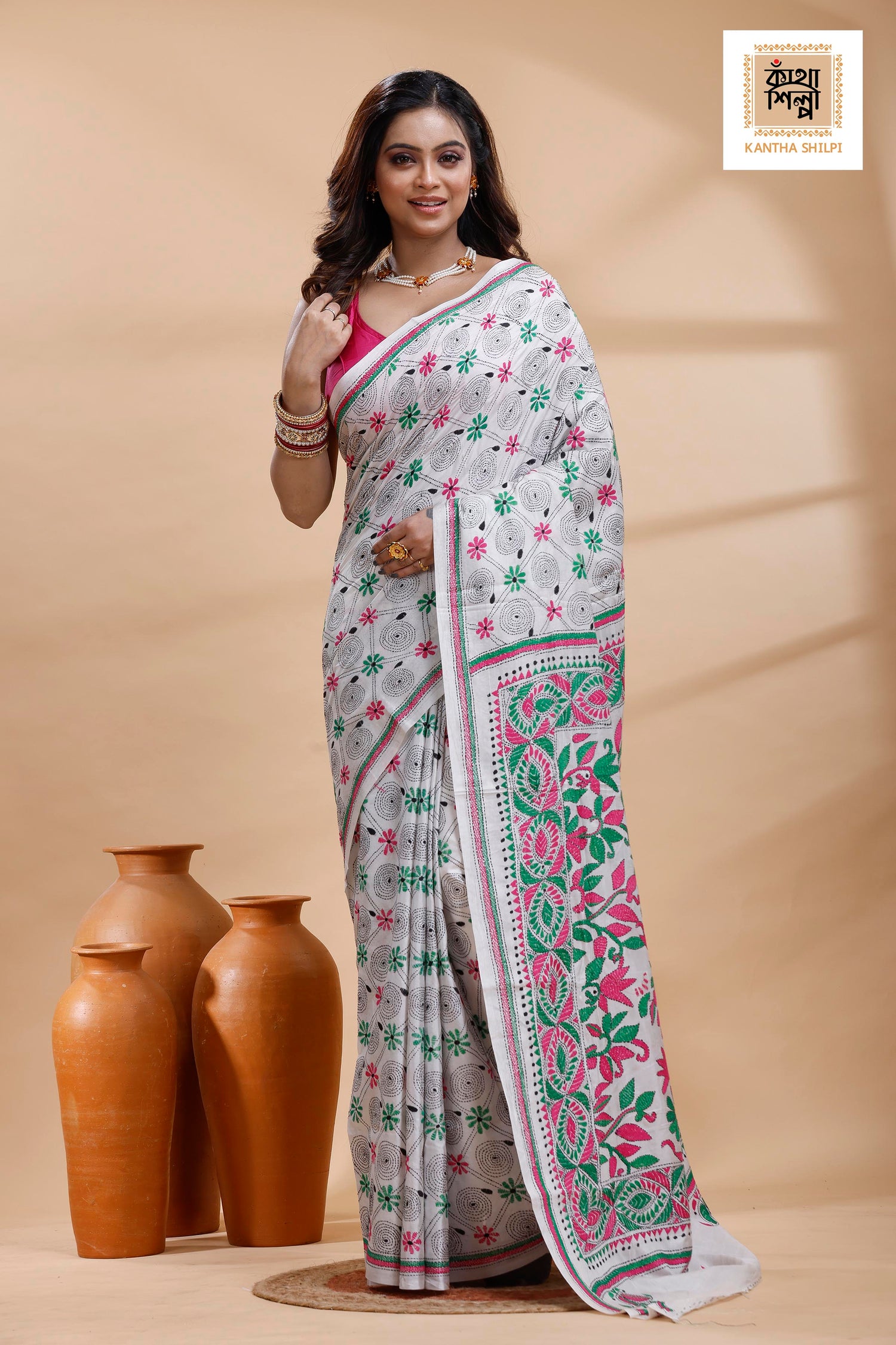 White Color Bangalore Silk Multicolor Thread Work Kantha Stitch Saree