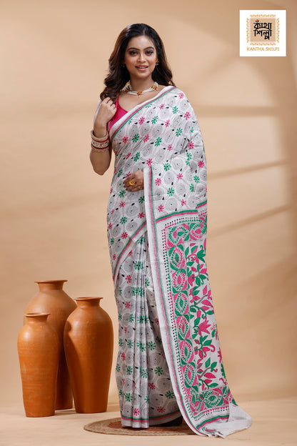 White Color Bangalore Silk Multicolor Thread Work Kantha Stitch Saree