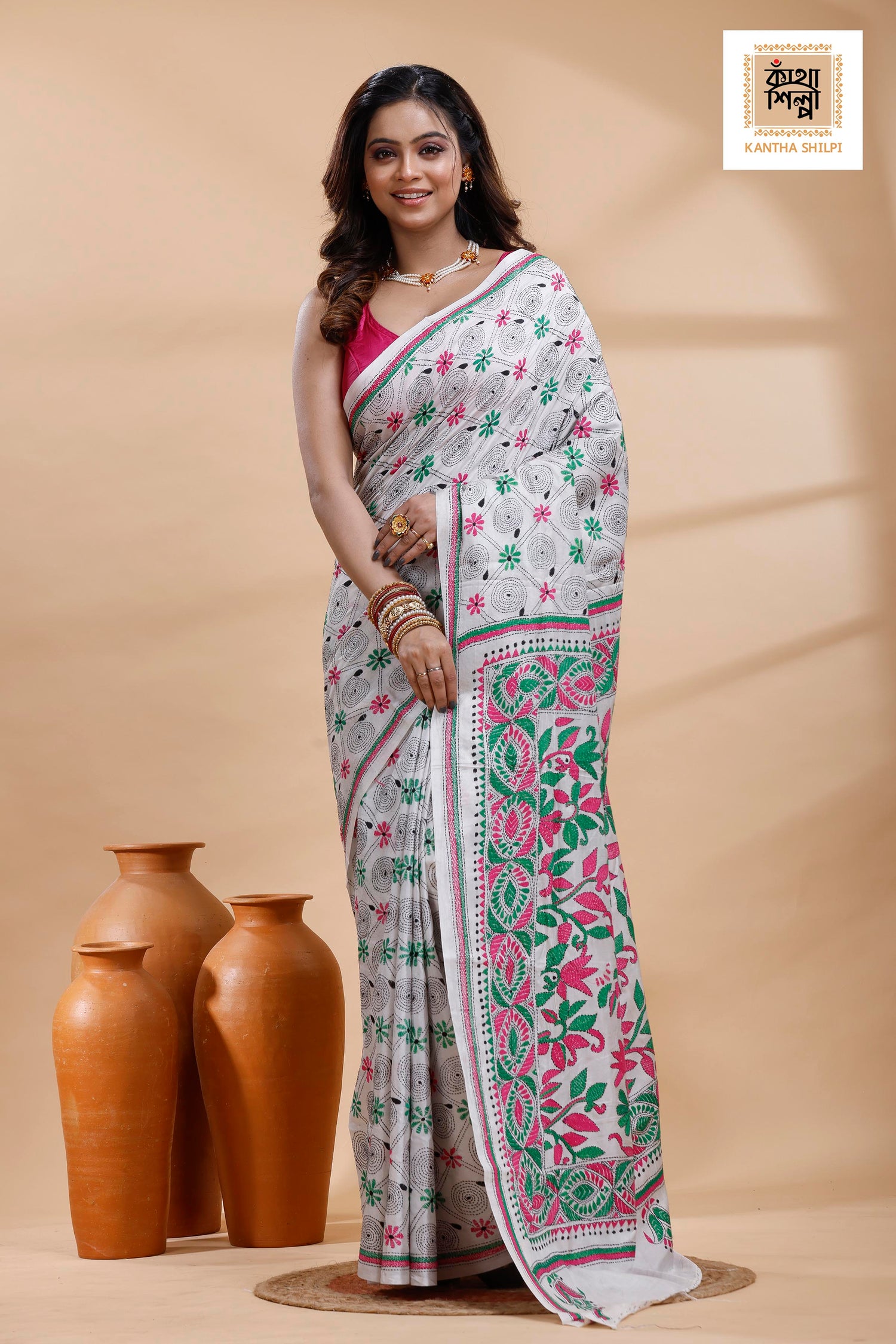 White Color Bangalore Silk Multicolor Thread Work Kantha Stitch Saree