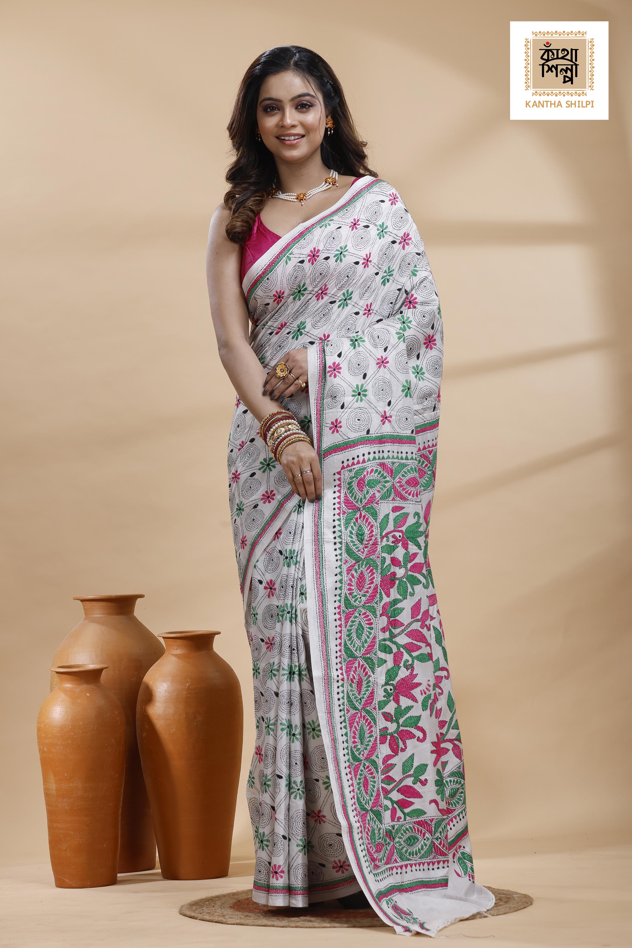 White Color Bangalore Silk Multicolor Thread Work Kantha Stitch Saree