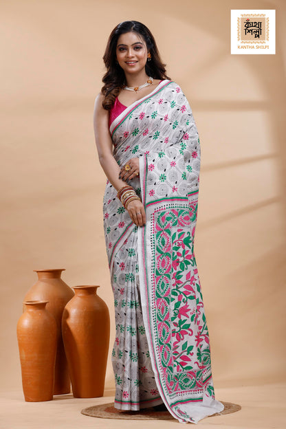 White Color Bangalore Silk Multicolor Thread Work Kantha Stitch Saree