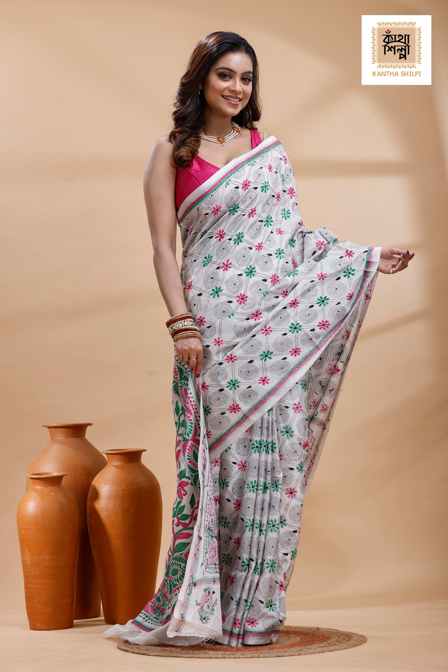 White Color Bangalore Silk Multicolor Thread Work Kantha Stitch Saree