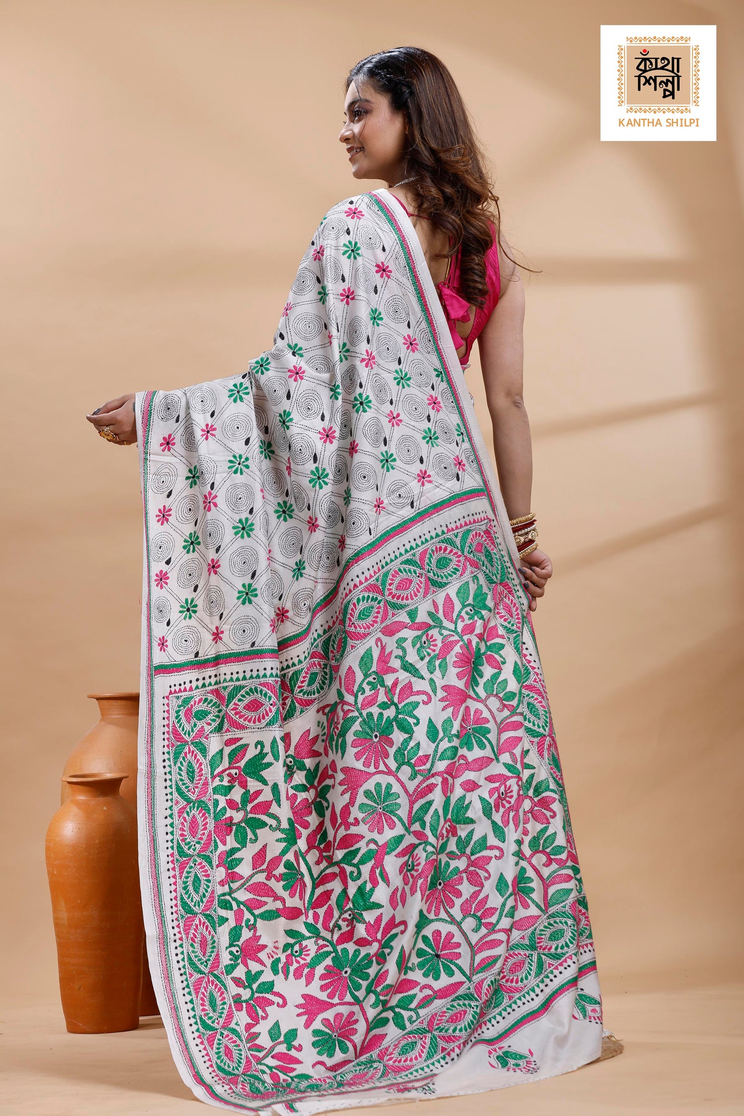 White Color Bangalore Silk Multicolor Thread Work Kantha Stitch Saree