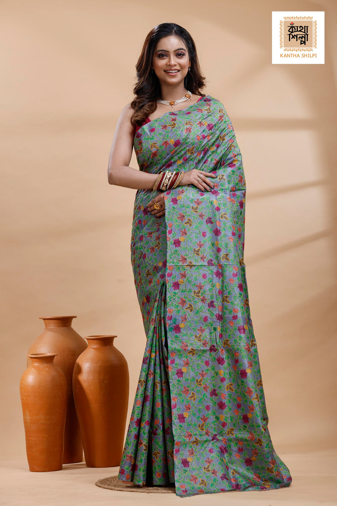 Pure Gachi Dye Tussar Multicolor Thread Work Kantha Stitch Saree