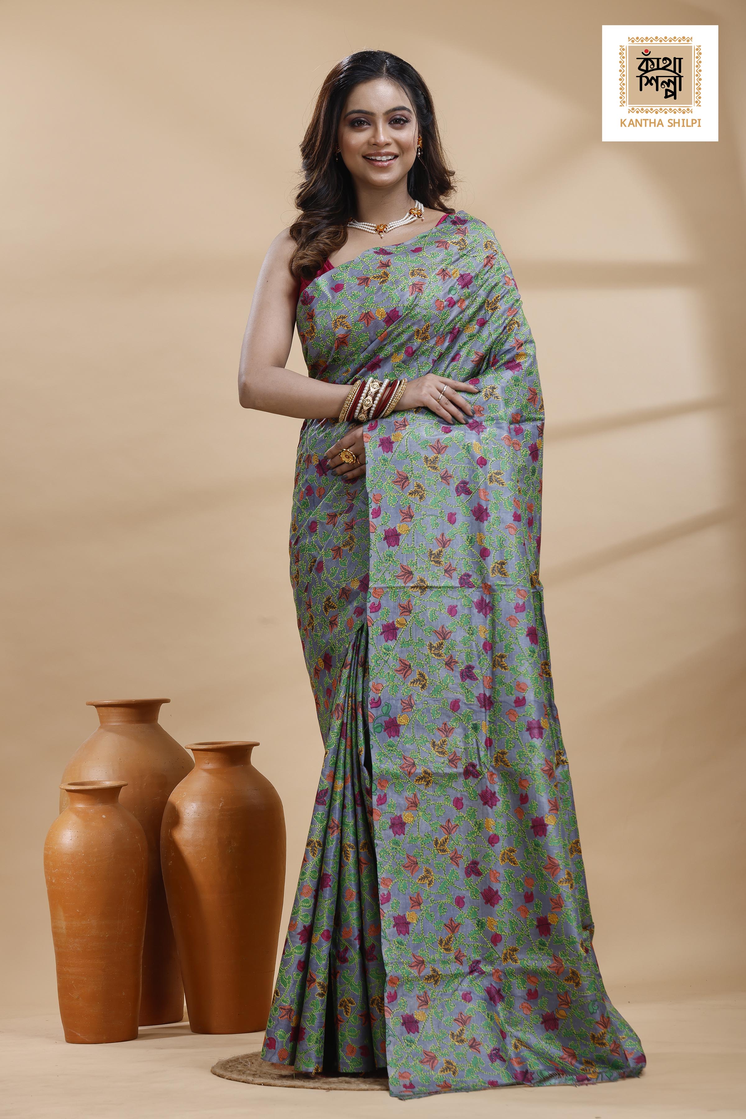 Pure Gachi Dye Tussar Multicolor Thread Work Kantha Stitch Saree