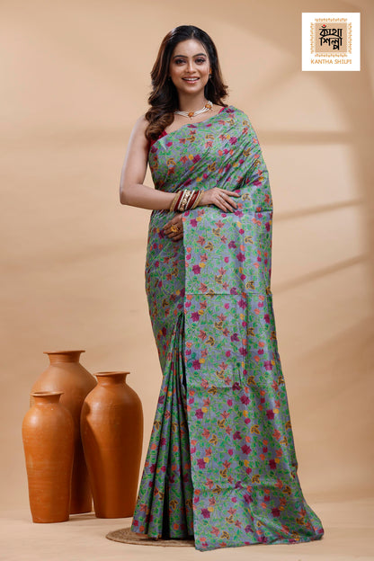 Pure Gachi Dye Tussar Multicolor Thread Work Kantha Stitch Saree