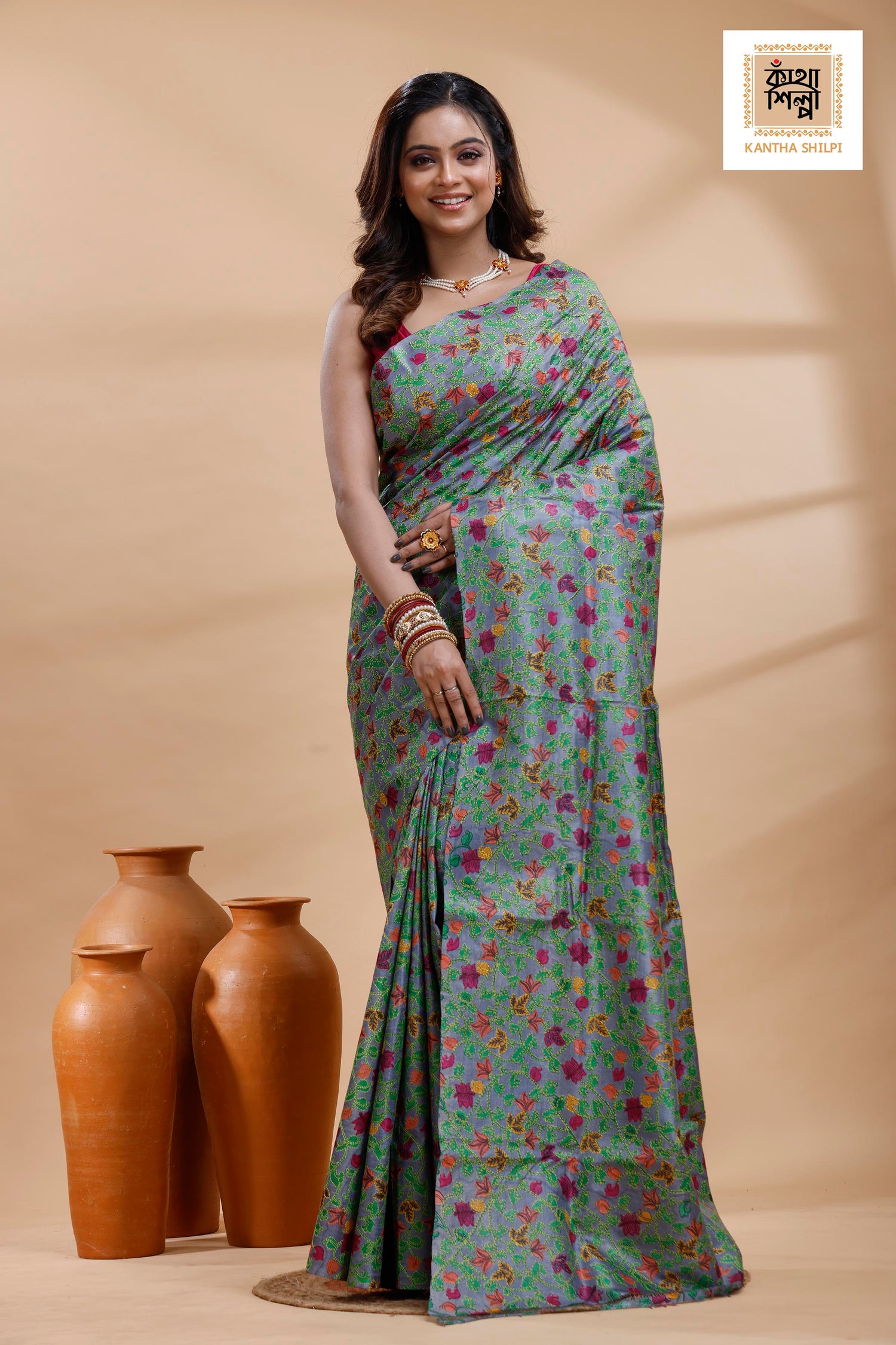 Pure Gachi Dye Tussar Multicolor Thread Work Kantha Stitch Saree