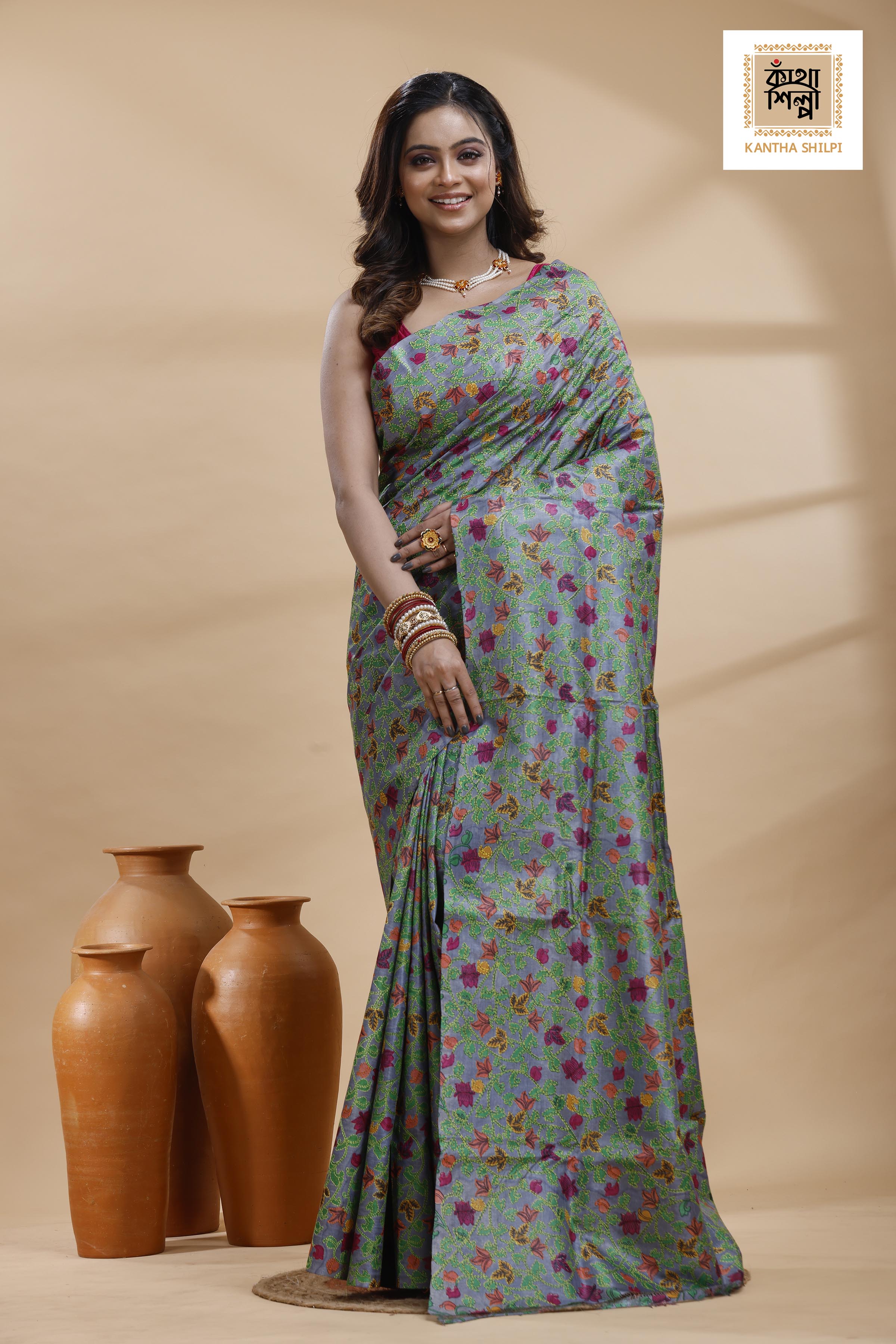 Pure Gachi Dye Tussar Multicolor Thread Work Kantha Stitch Saree