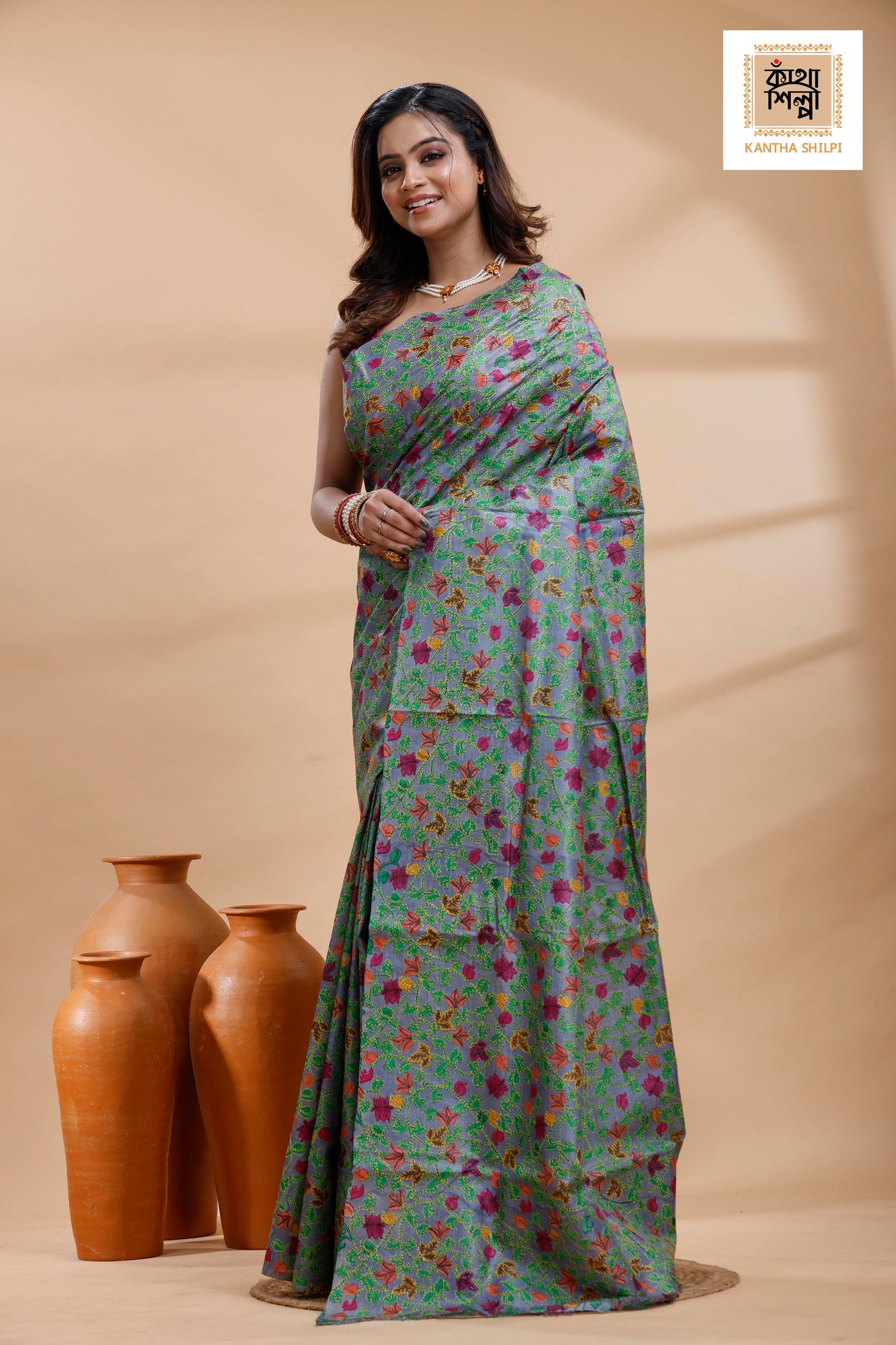 Pure Gachi Dye Tussar Multicolor Thread Work Kantha Stitch Saree