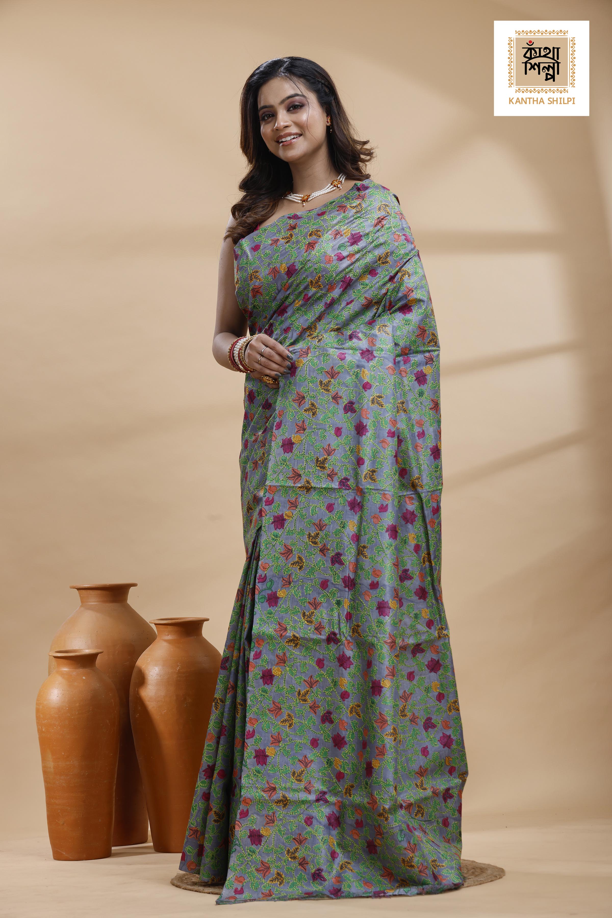 Pure Gachi Dye Tussar Multicolor Thread Work Kantha Stitch Saree