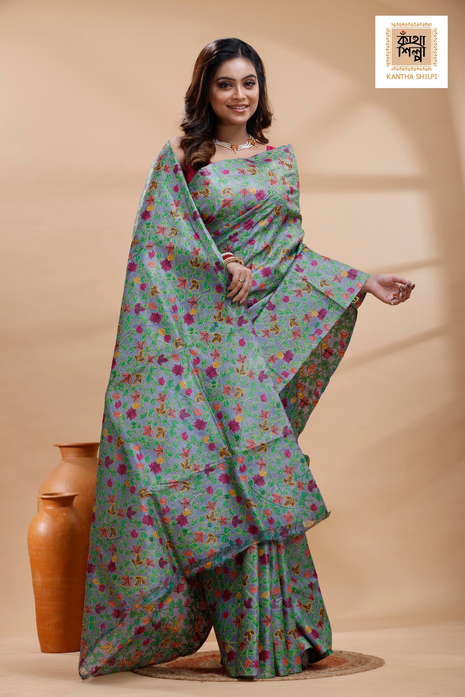 Pure Gachi Dye Tussar Multicolor Thread Work Kantha Stitch Saree