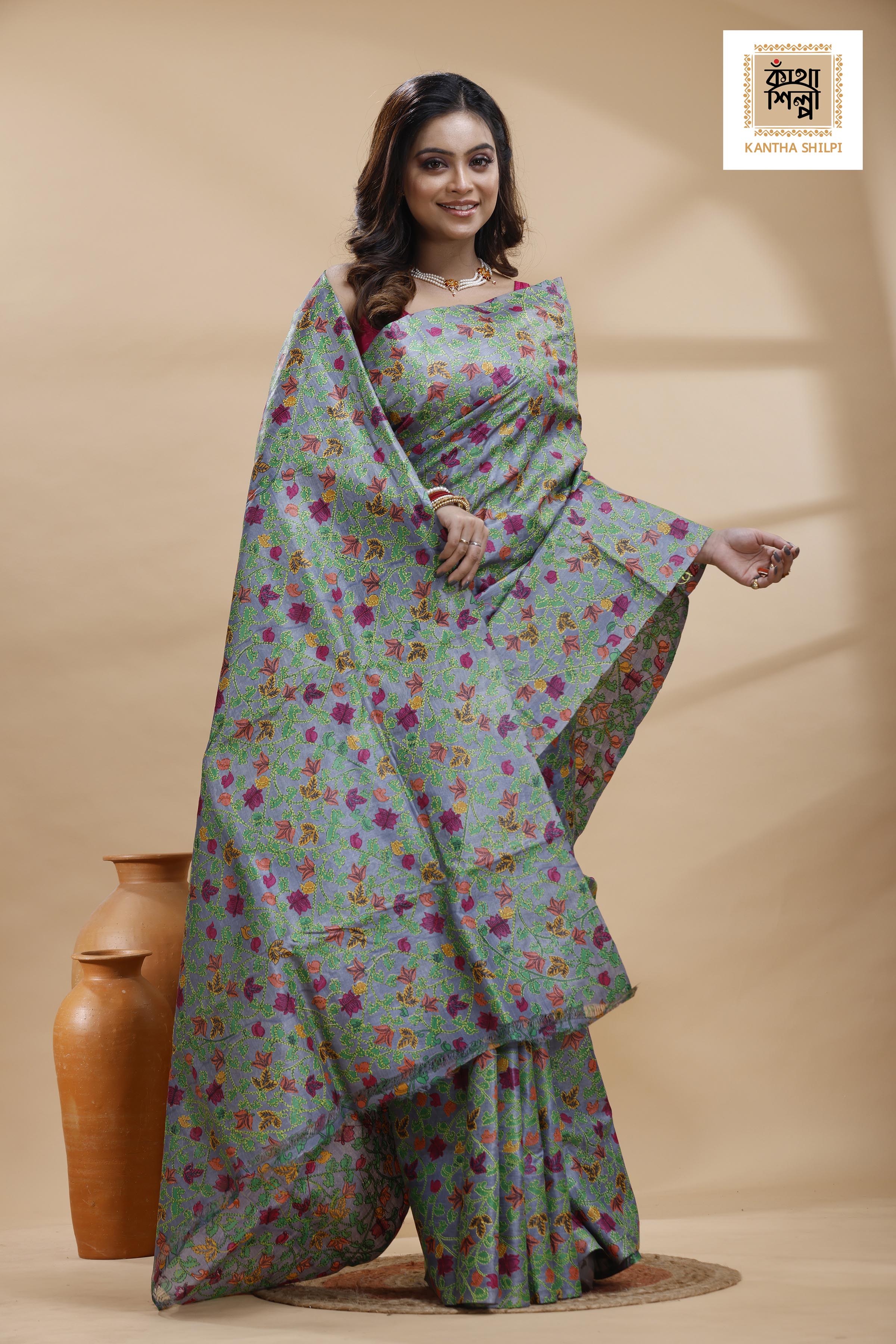Pure Gachi Dye Tussar Multicolor Thread Work Kantha Stitch Saree