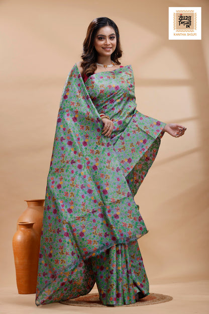Pure Gachi Dye Tussar Multicolor Thread Work Kantha Stitch Saree
